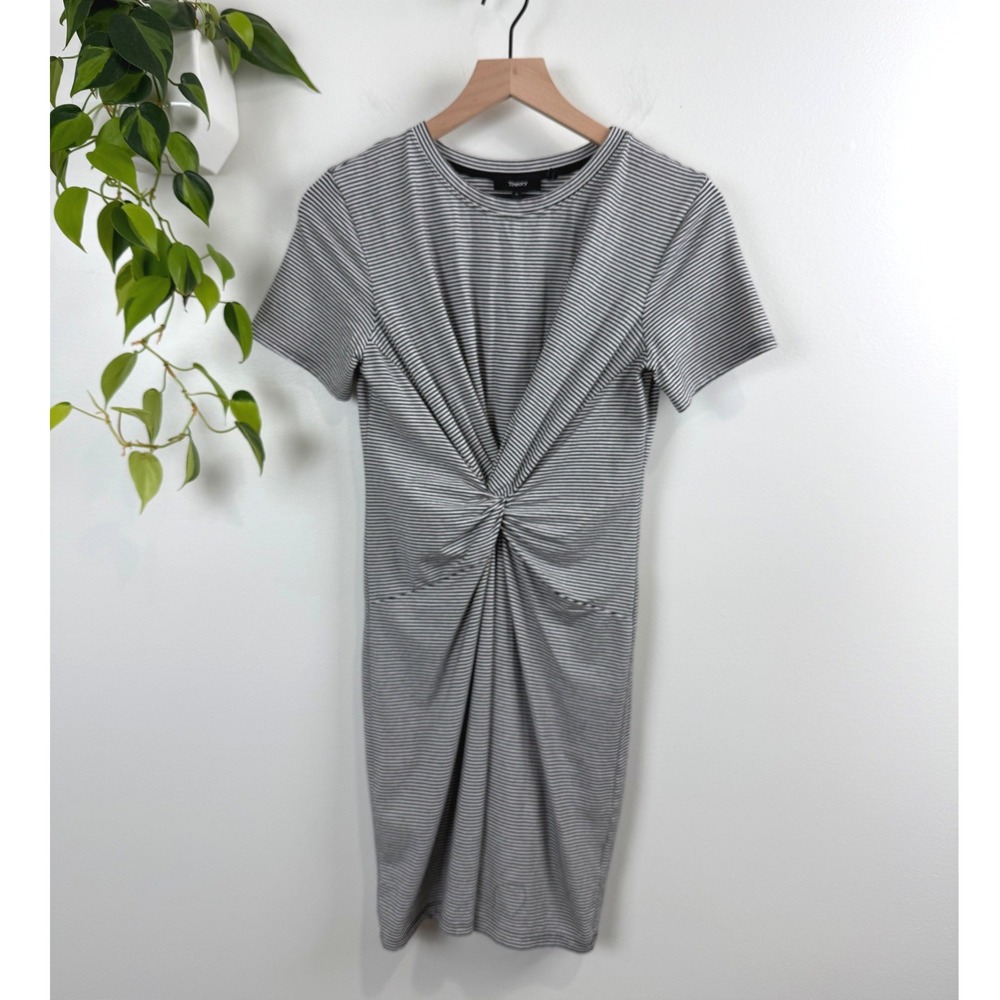 Theory Knot Tee Dress Rubric Stripe Black White Twist Pima Cotton S Quiet Luxury